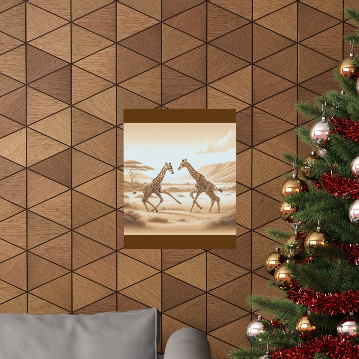 Décoration murale représentant une girafe jouant pour chambre d'enfant | Poster vertical mat marron