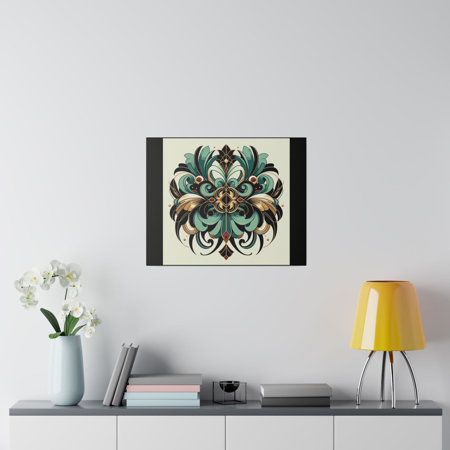 Art mural Art déco à fleurs vertes, noires et dorées sur toile tendue noire