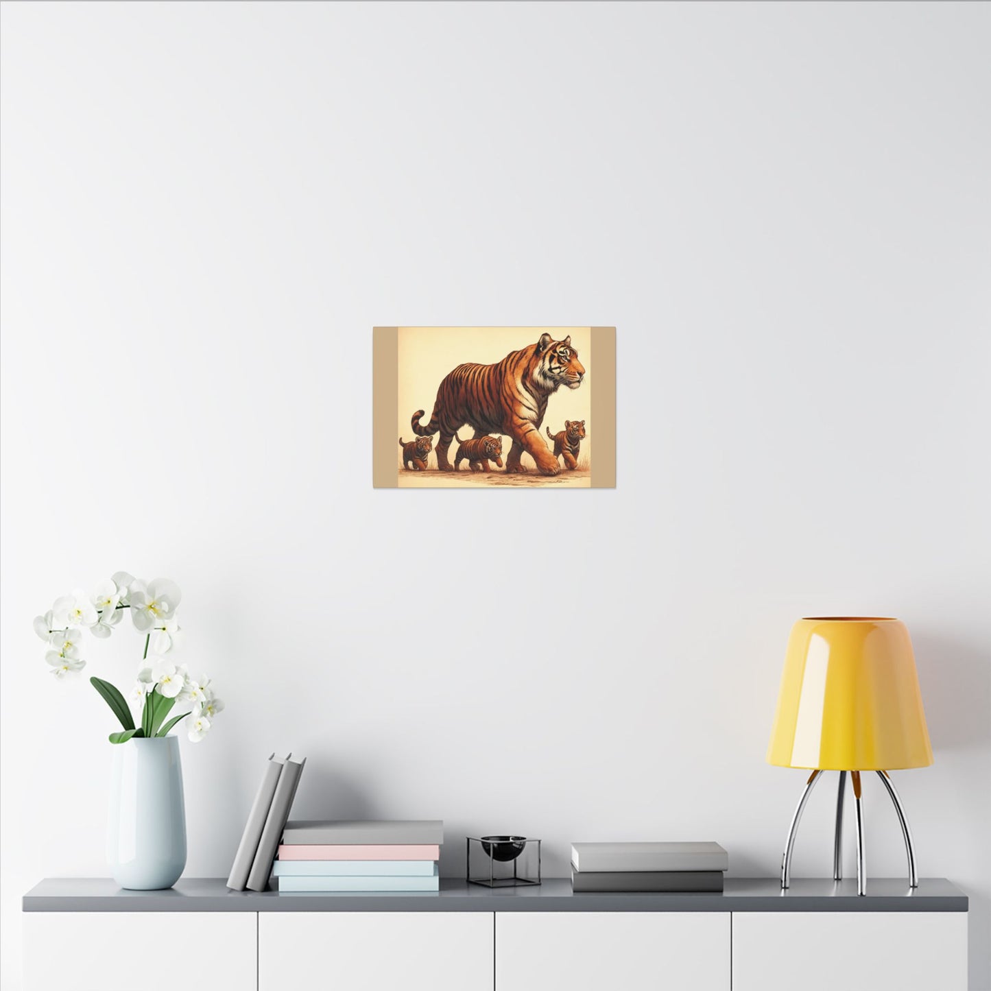 Tiger Family Animal Wall Art - Tan Canvas