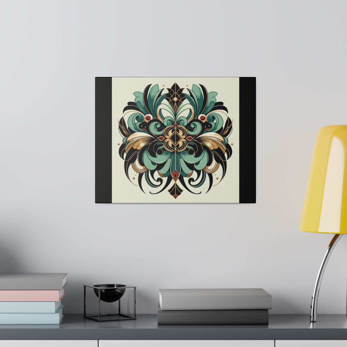 Art mural Art déco à fleurs vertes, noires et dorées sur toile tendue noire