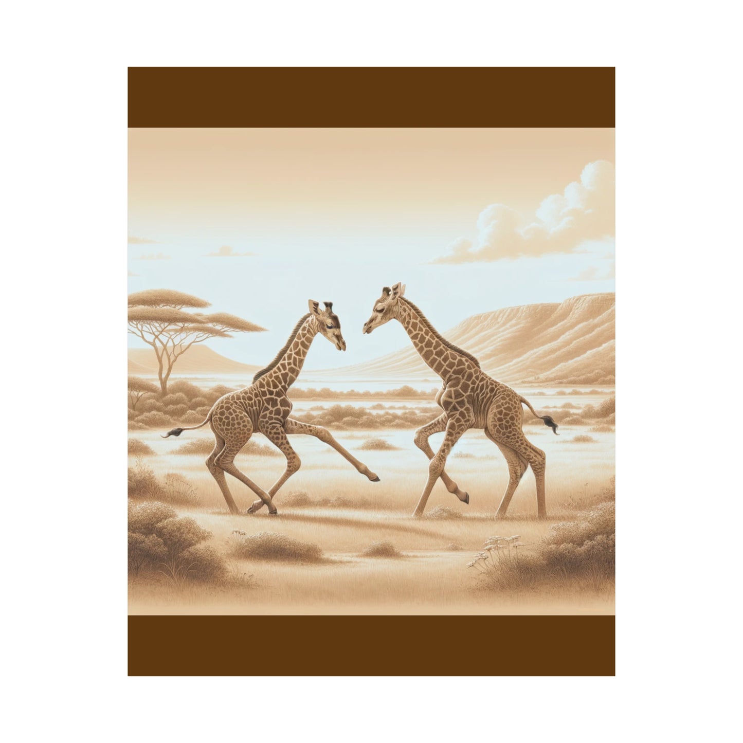Décoration murale représentant une girafe jouant pour chambre d'enfant | Poster vertical mat marron