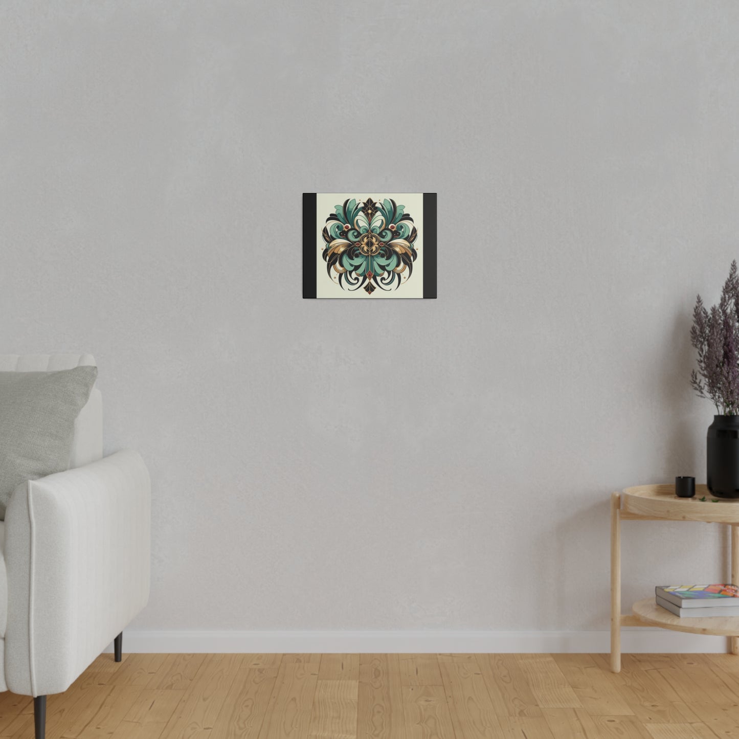 Art mural Art déco à fleurs vertes, noires et dorées sur toile tendue noire