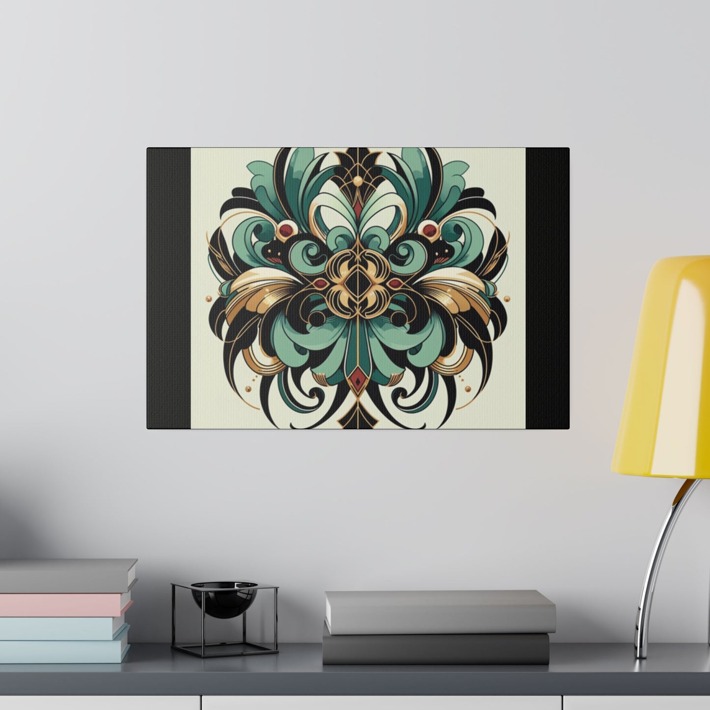 Art mural Art déco à fleurs vertes, noires et dorées sur toile tendue noire