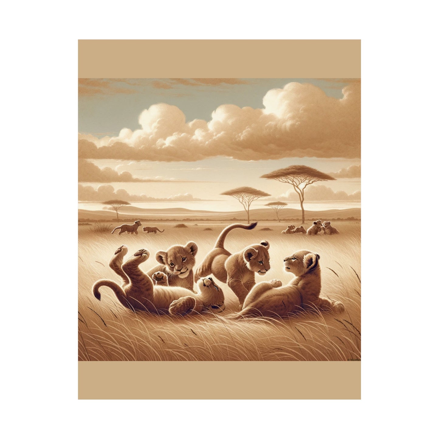 Décoration murale représentant un lionceau espiègle pour chambre d'enfant - Affiche mate beige