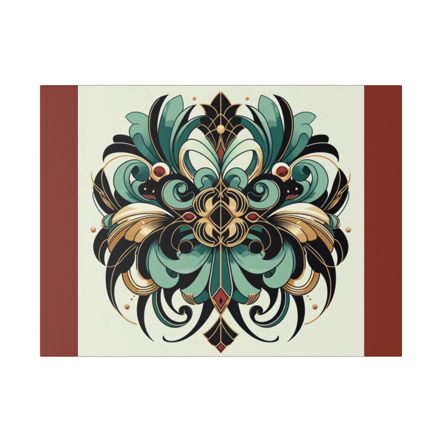 Art mural Art déco à fleurs vertes, noires et dorées sur toile tendue couleur terre d'ombre brûlée