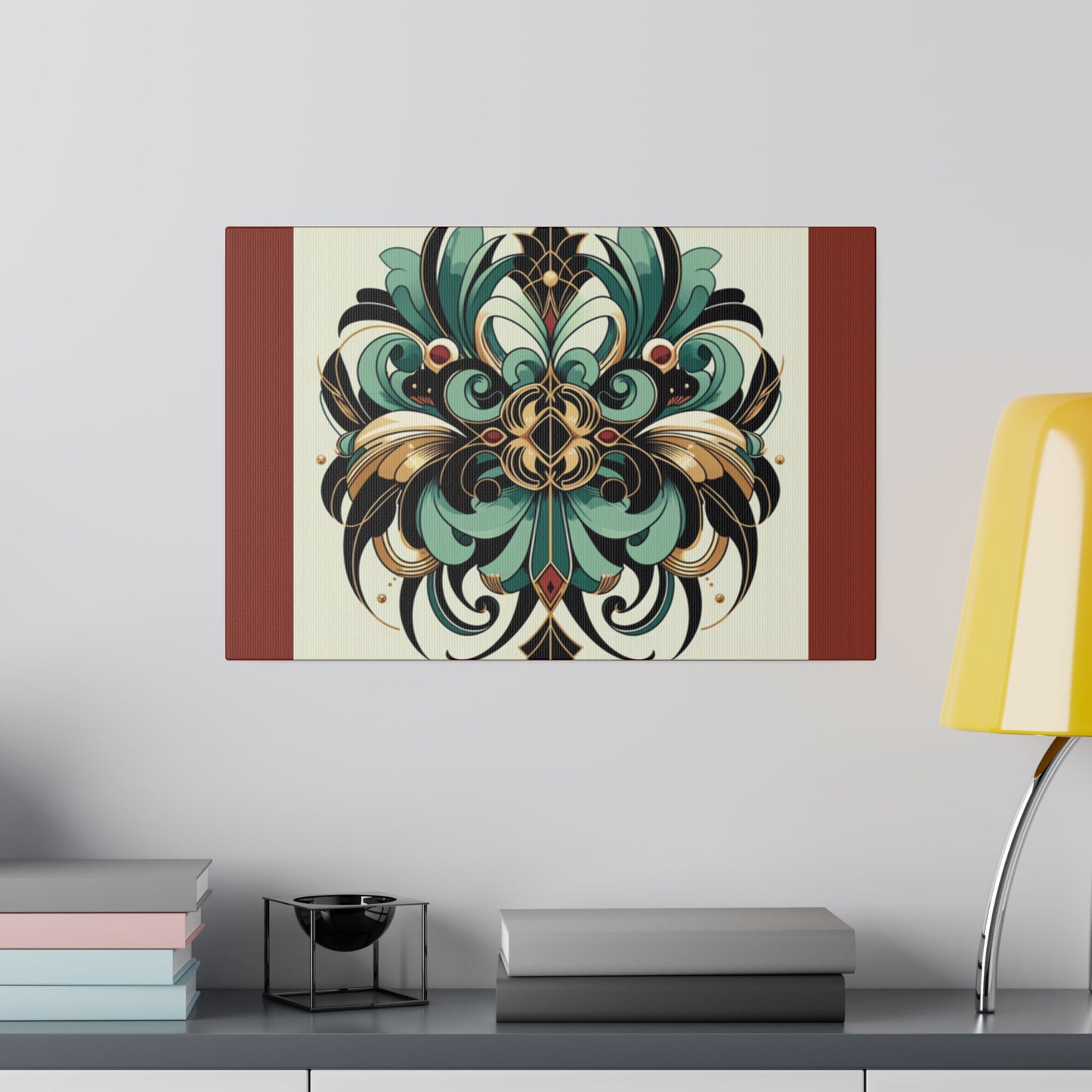Art mural Art déco à fleurs vertes, noires et dorées sur toile tendue couleur terre d'ombre brûlée