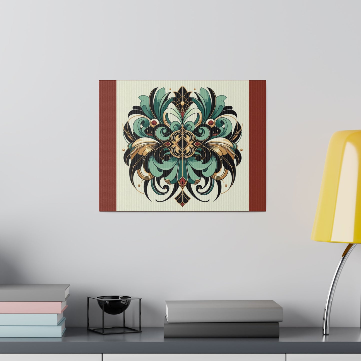 Art mural Art déco à fleurs vertes, noires et dorées sur toile tendue couleur terre d'ombre brûlée