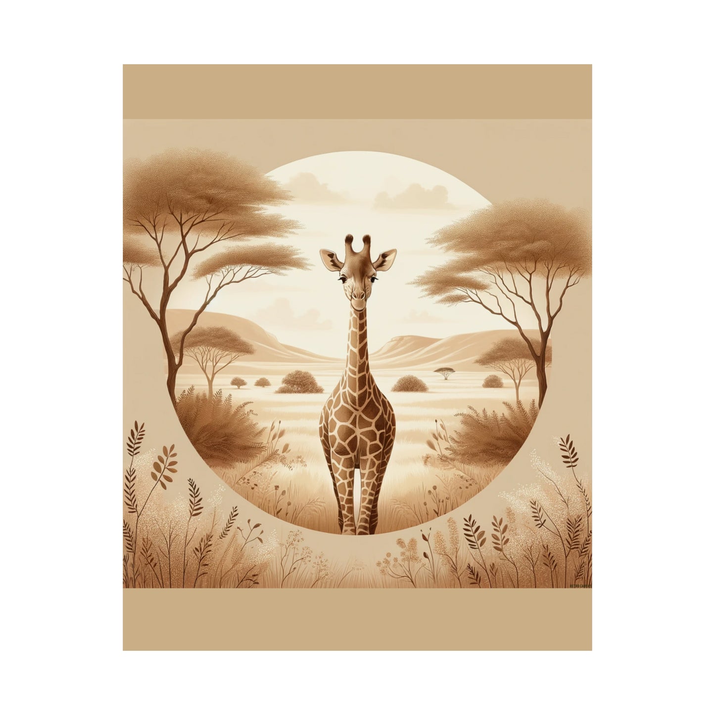 Affiche de safari avec portrait de girafe pour chambre d'enfant, décoration d'intérieur | Tan Matte