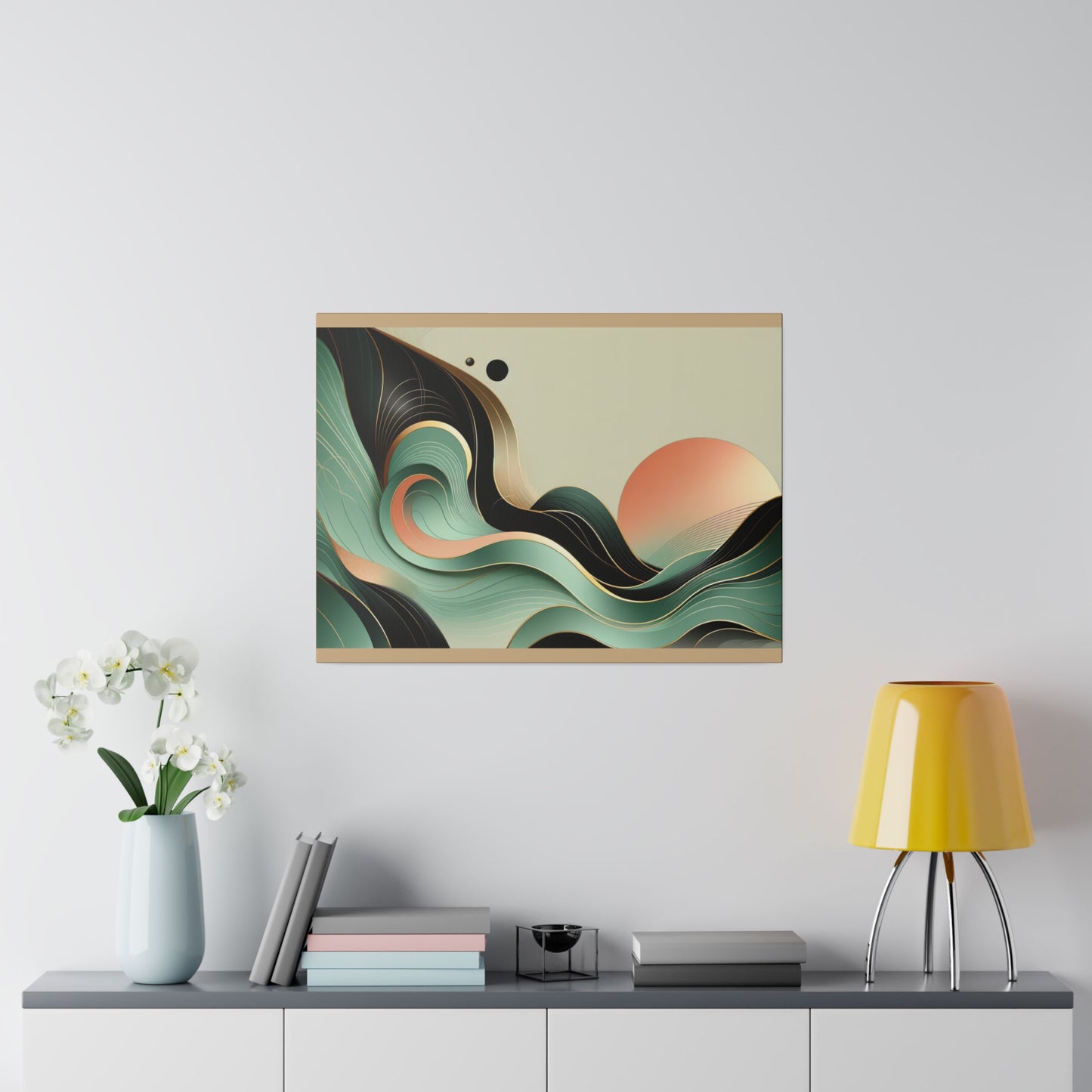 Art mural abstrait lever de soleil vert noir or pour bureau Art pour salon Art sur toile beige