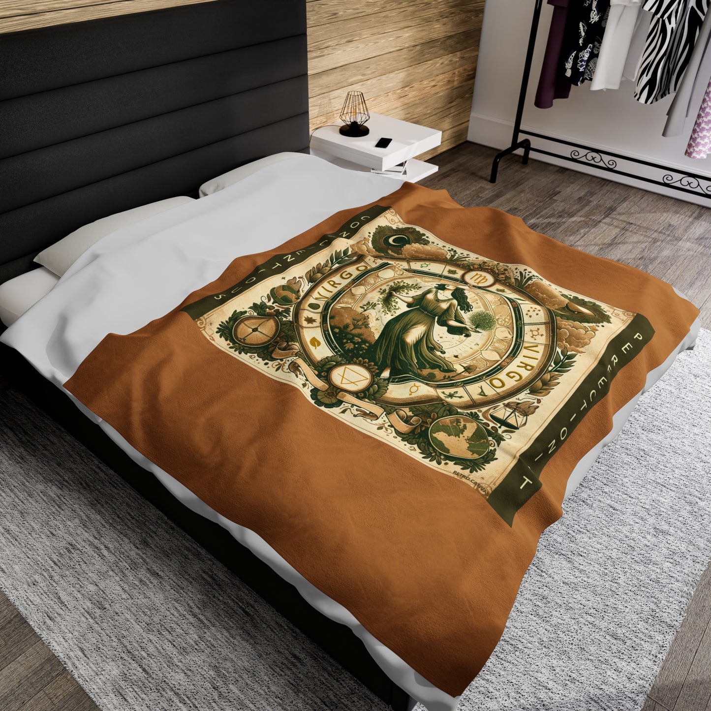 Couverture en peluche en velours marron clair avec motif vintage du zodiaque Vierge