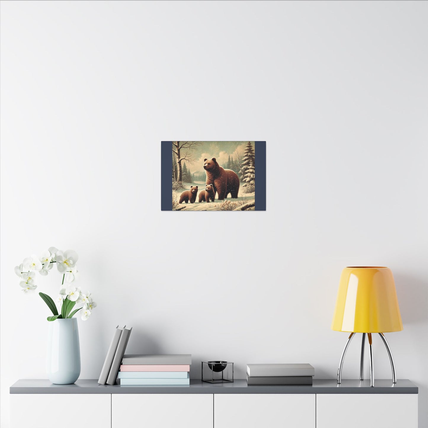 Winter Brown Bear Family- Vintage Blue Canvas, Animal Wall Art, Nursery Idea-Winter Scene