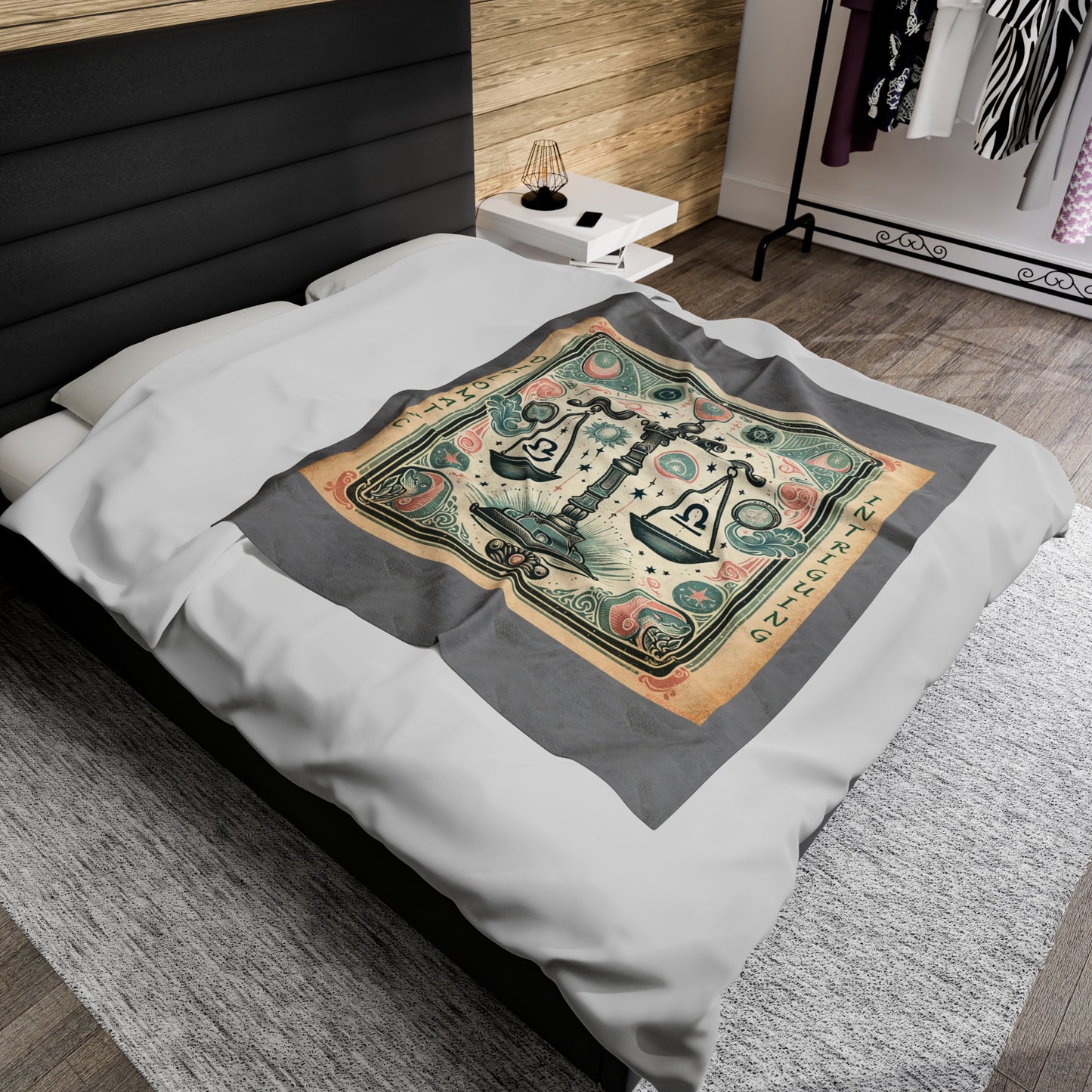 Couverture en peluche en velours gris avec motif vintage du zodiaque Balance