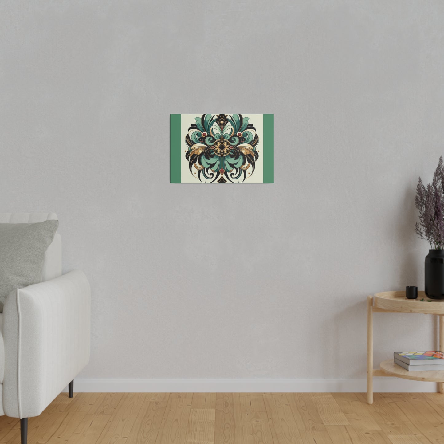 Art mural Art déco à fleurs vertes, noires et dorées sur toile tendue verte