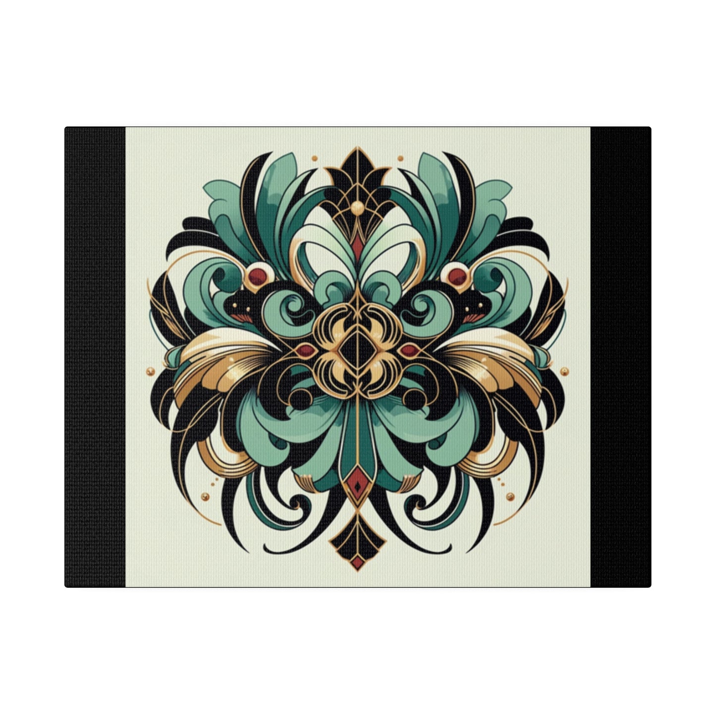 Art mural Art déco à fleurs vertes, noires et dorées sur toile tendue noire