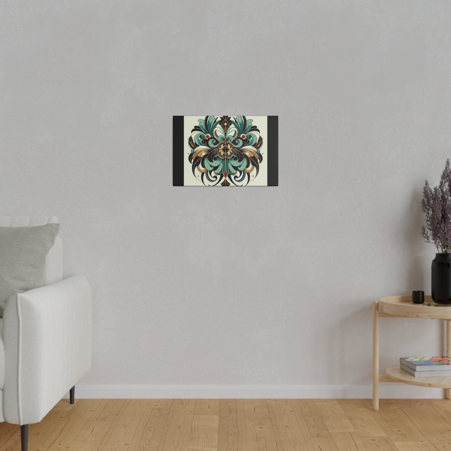Art mural Art déco à fleurs vertes, noires et dorées sur toile tendue noire