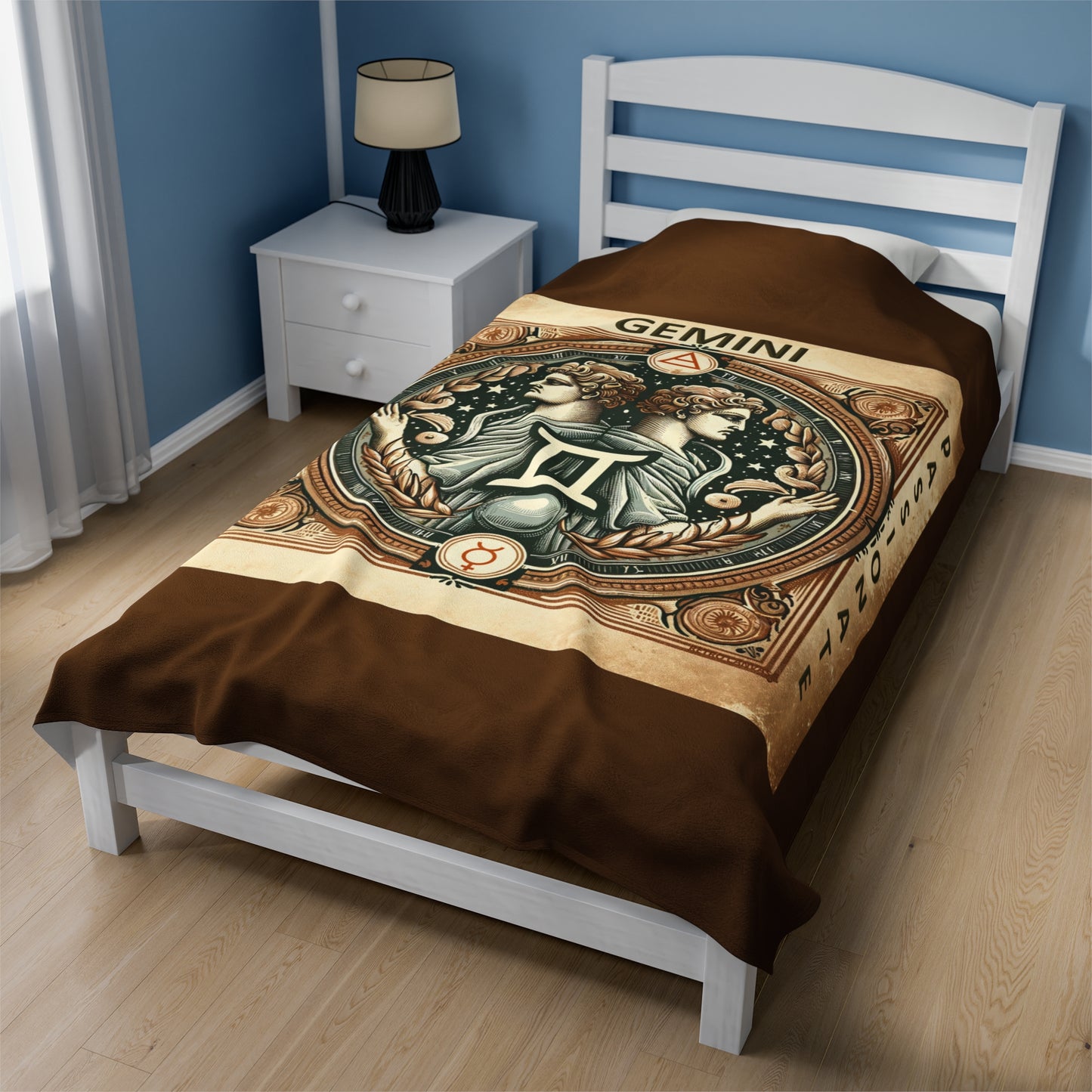 Couverture en peluche en velours marron avec motif vintage du zodiaque Gémeaux