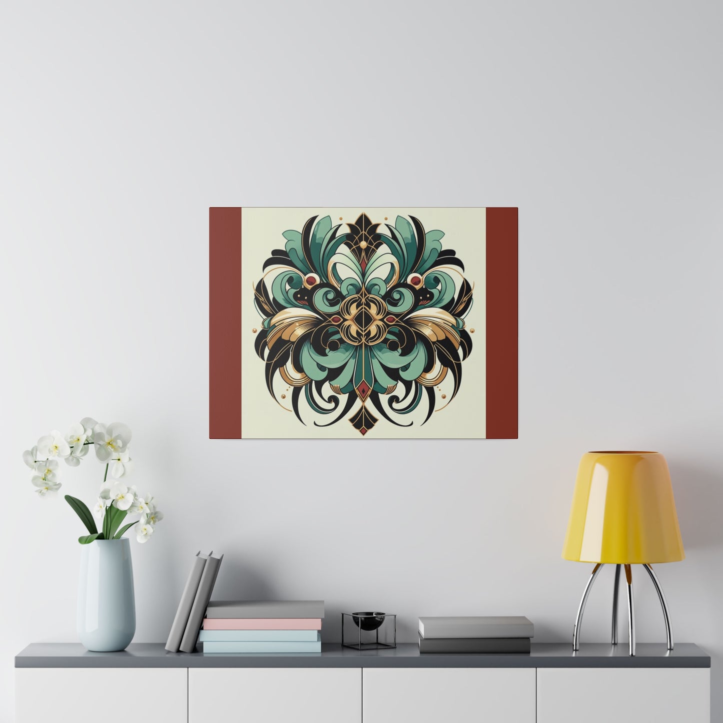 Art mural Art déco à fleurs vertes, noires et dorées sur toile tendue couleur terre d'ombre brûlée