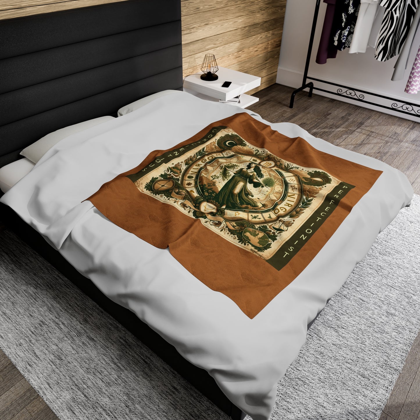 Couverture en peluche en velours marron clair avec motif vintage du zodiaque Vierge