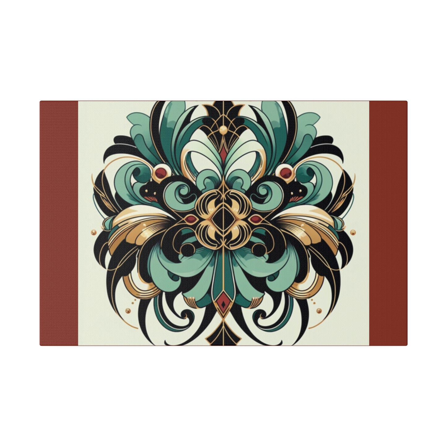 Art mural Art déco à fleurs vertes, noires et dorées sur toile tendue couleur terre d'ombre brûlée