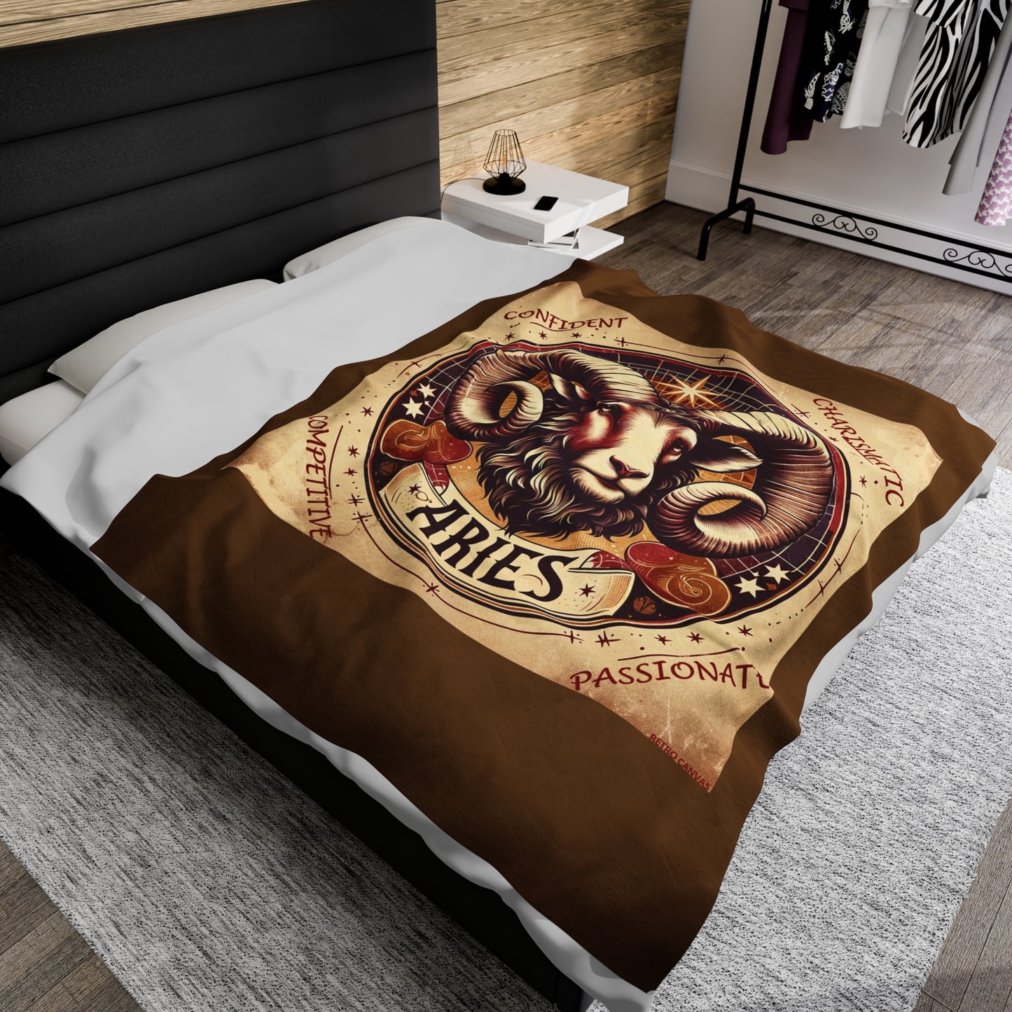 Couverture en peluche en velours marron avec motif du zodiaque Bélier vintage