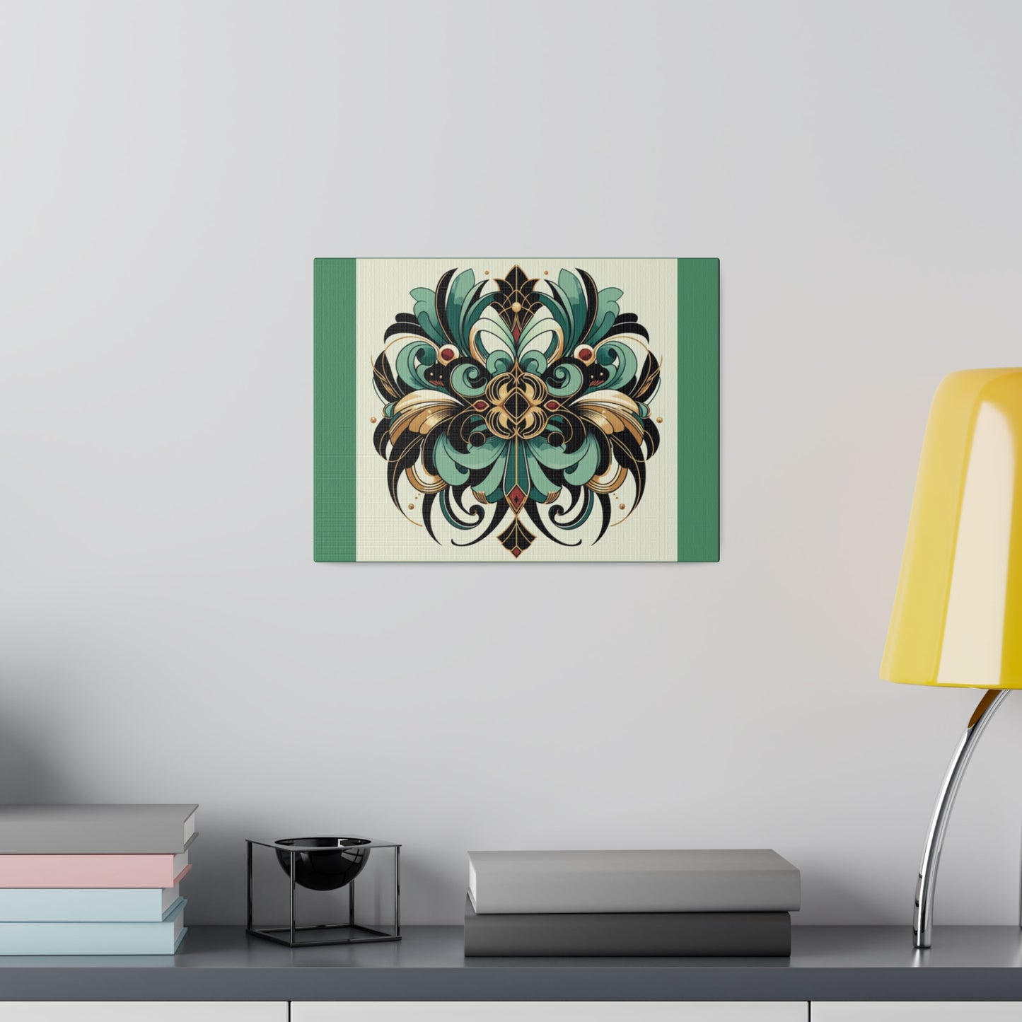 Art mural Art déco à fleurs vertes, noires et dorées sur toile tendue verte