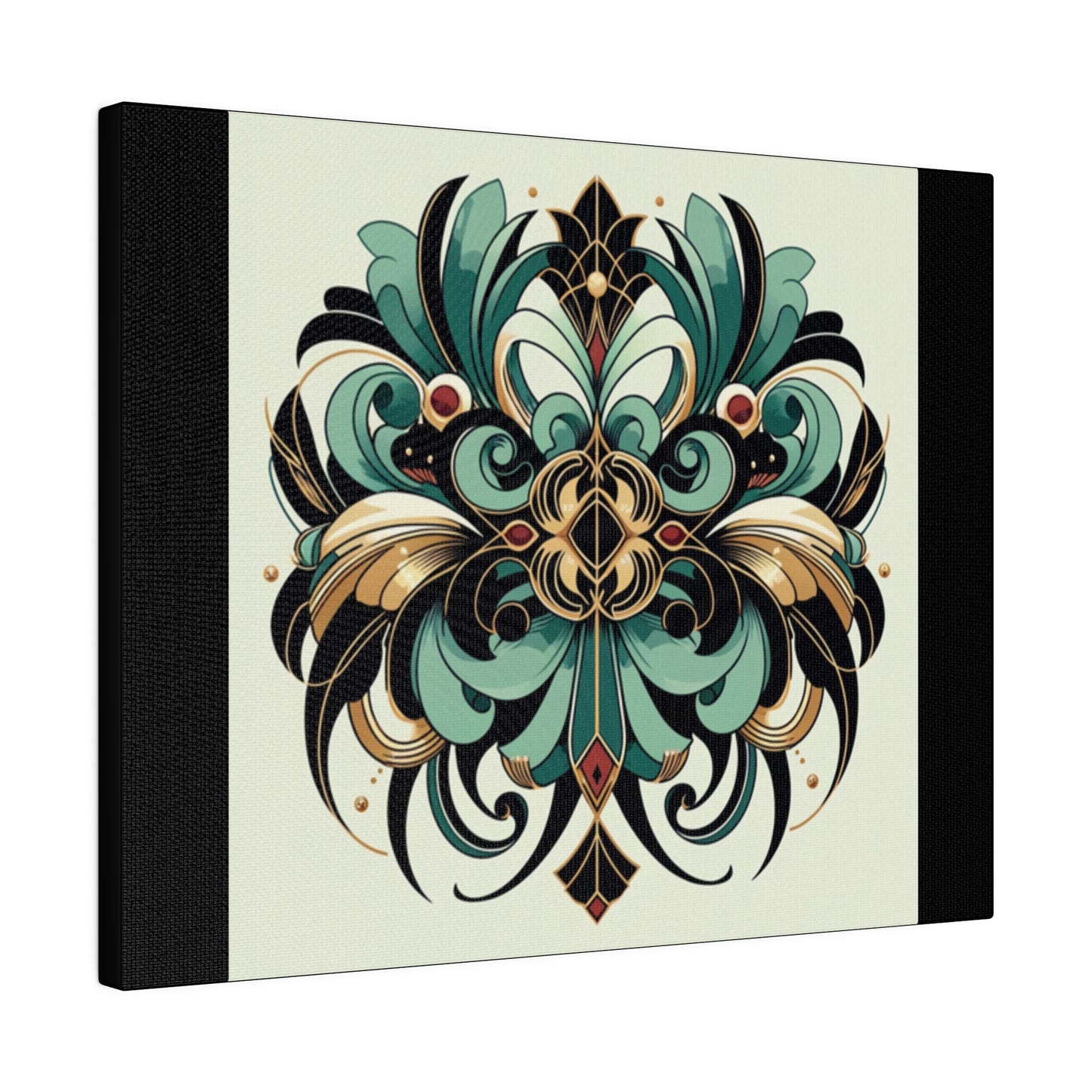 Art mural Art déco à fleurs vertes, noires et dorées sur toile tendue noire