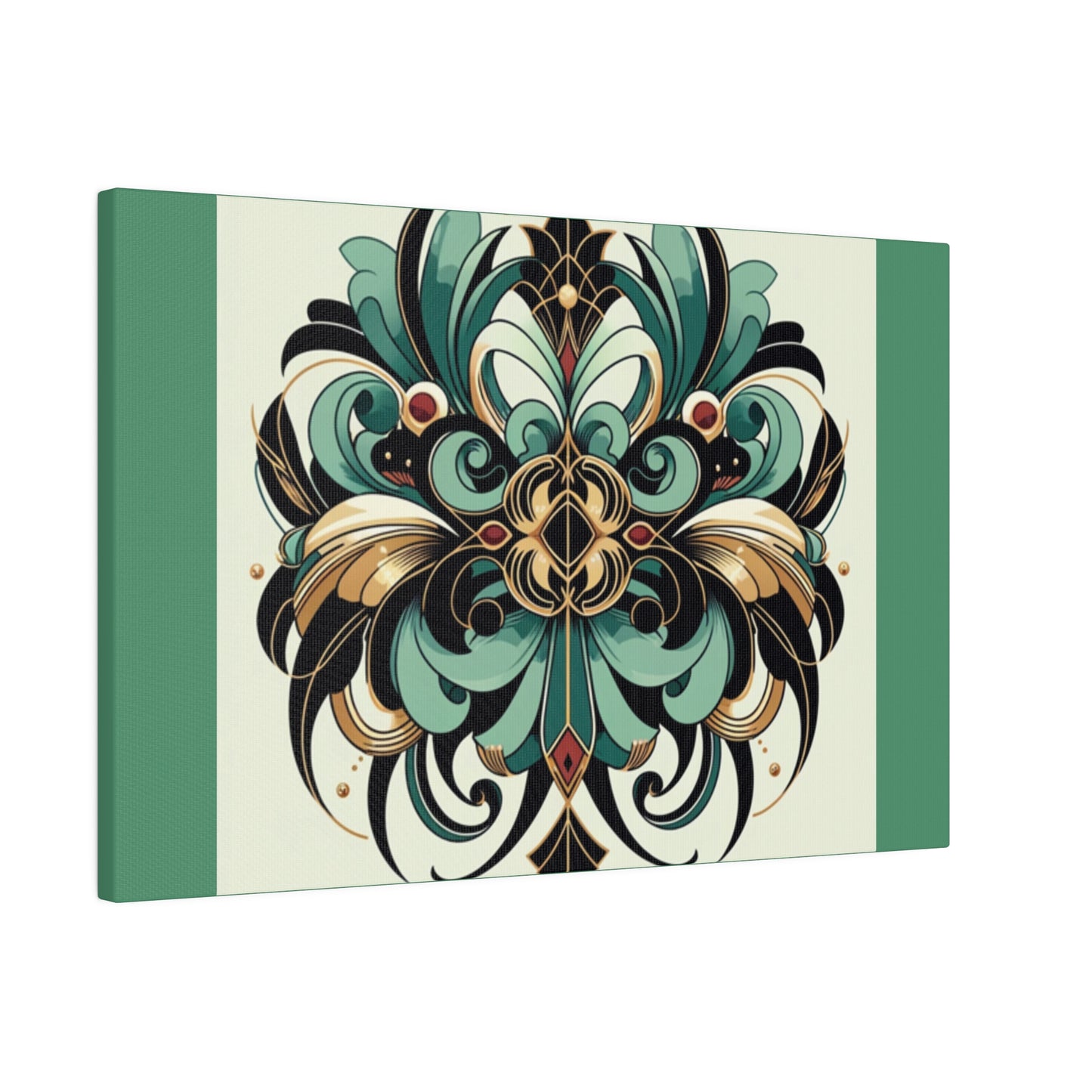 Art mural Art déco à fleurs vertes, noires et dorées sur toile tendue verte