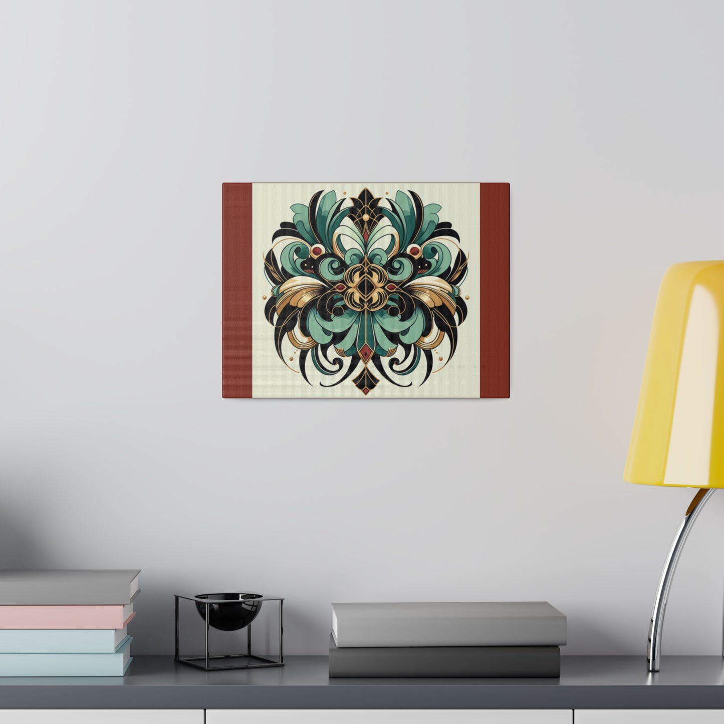 Art mural Art déco à fleurs vertes, noires et dorées sur toile tendue couleur terre d'ombre brûlée
