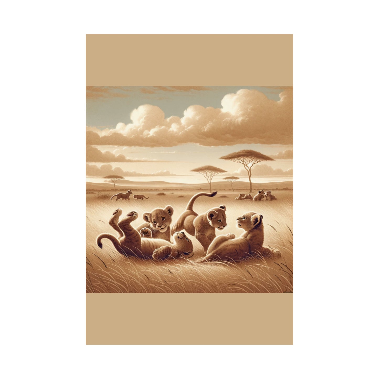Décoration murale représentant un lionceau espiègle pour chambre d'enfant - Affiche mate beige