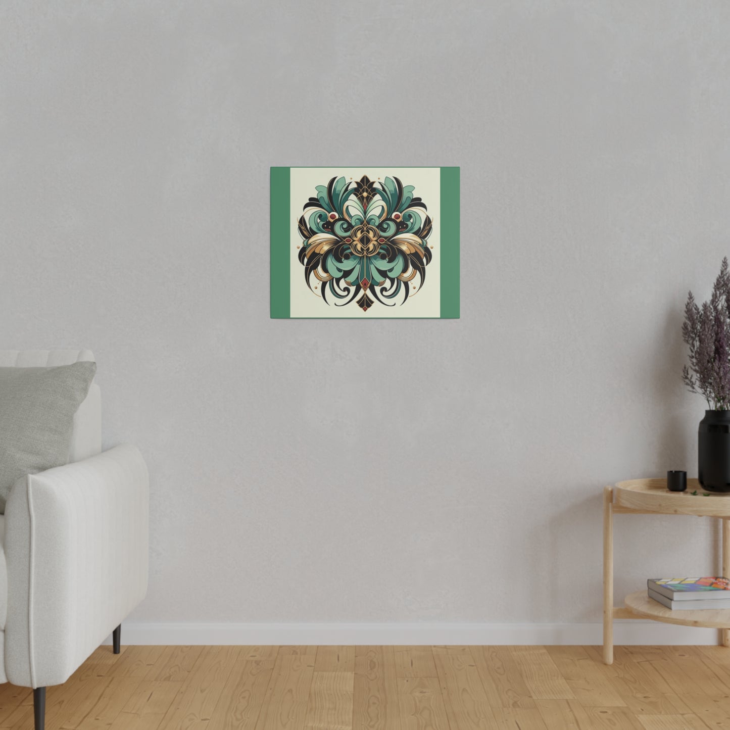 Art mural Art déco à fleurs vertes, noires et dorées sur toile tendue verte