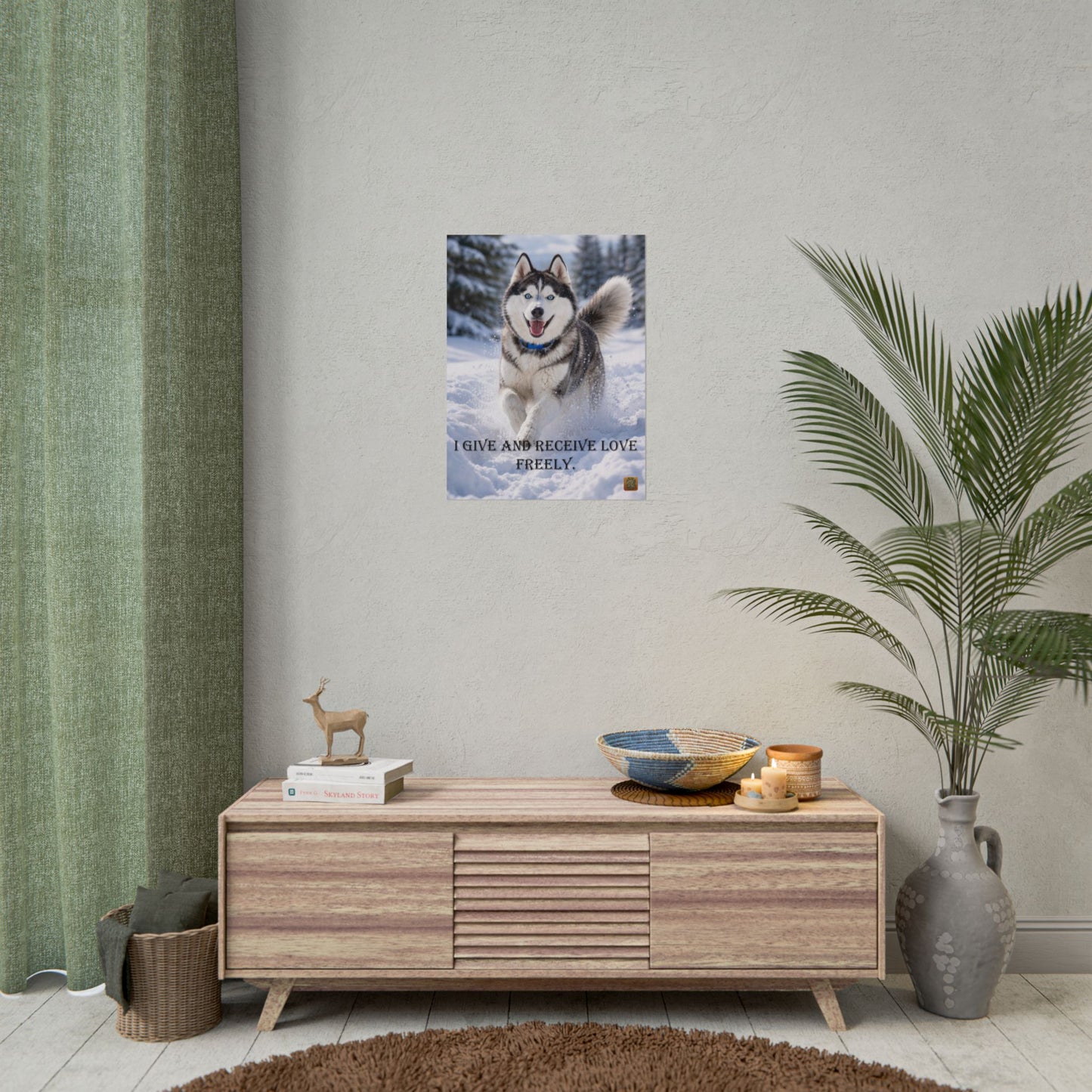 Husky Winter Poster - "I Give and Receive Love Freely" Inspirational Rolled Wall Art