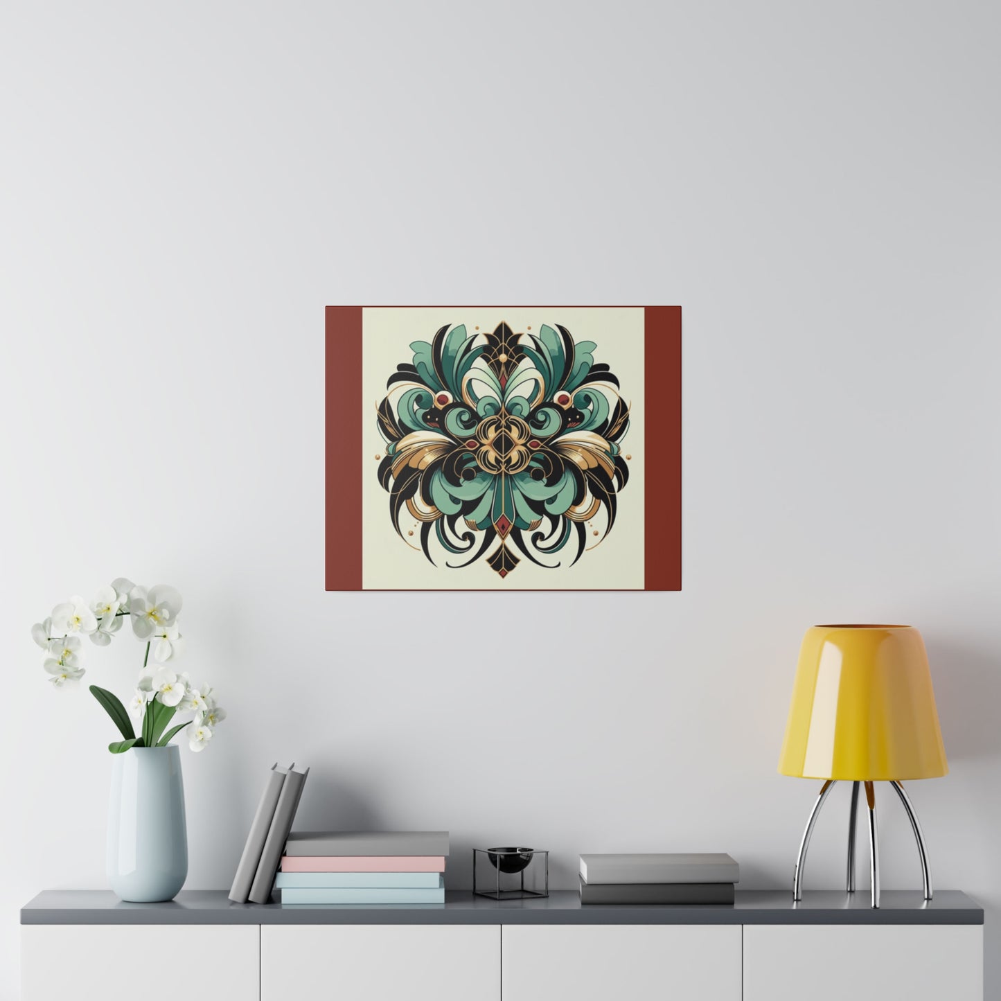 Art mural Art déco à fleurs vertes, noires et dorées sur toile tendue couleur terre d'ombre brûlée