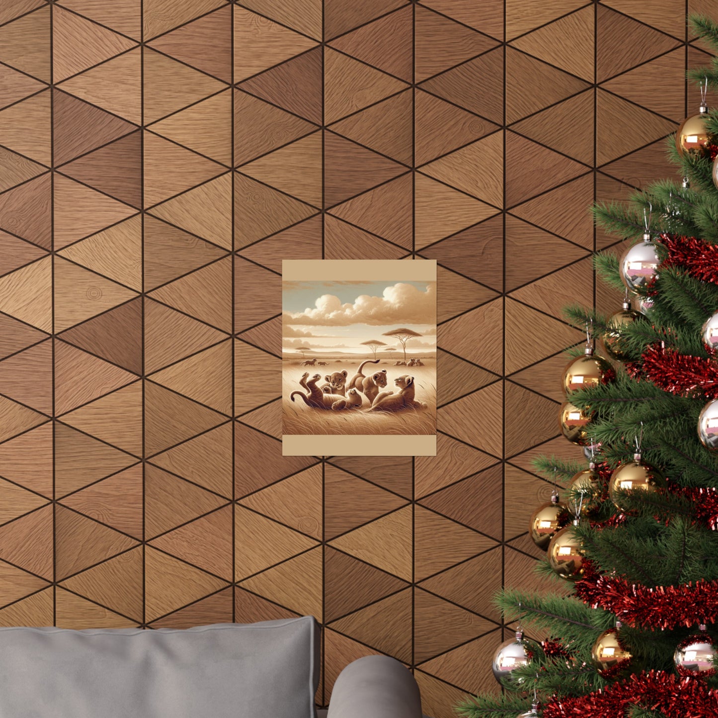 Décoration murale représentant un lionceau espiègle pour chambre d'enfant - Affiche mate beige