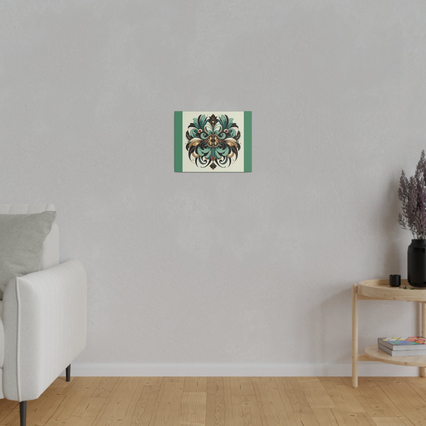 Art mural Art déco à fleurs vertes, noires et dorées sur toile tendue verte
