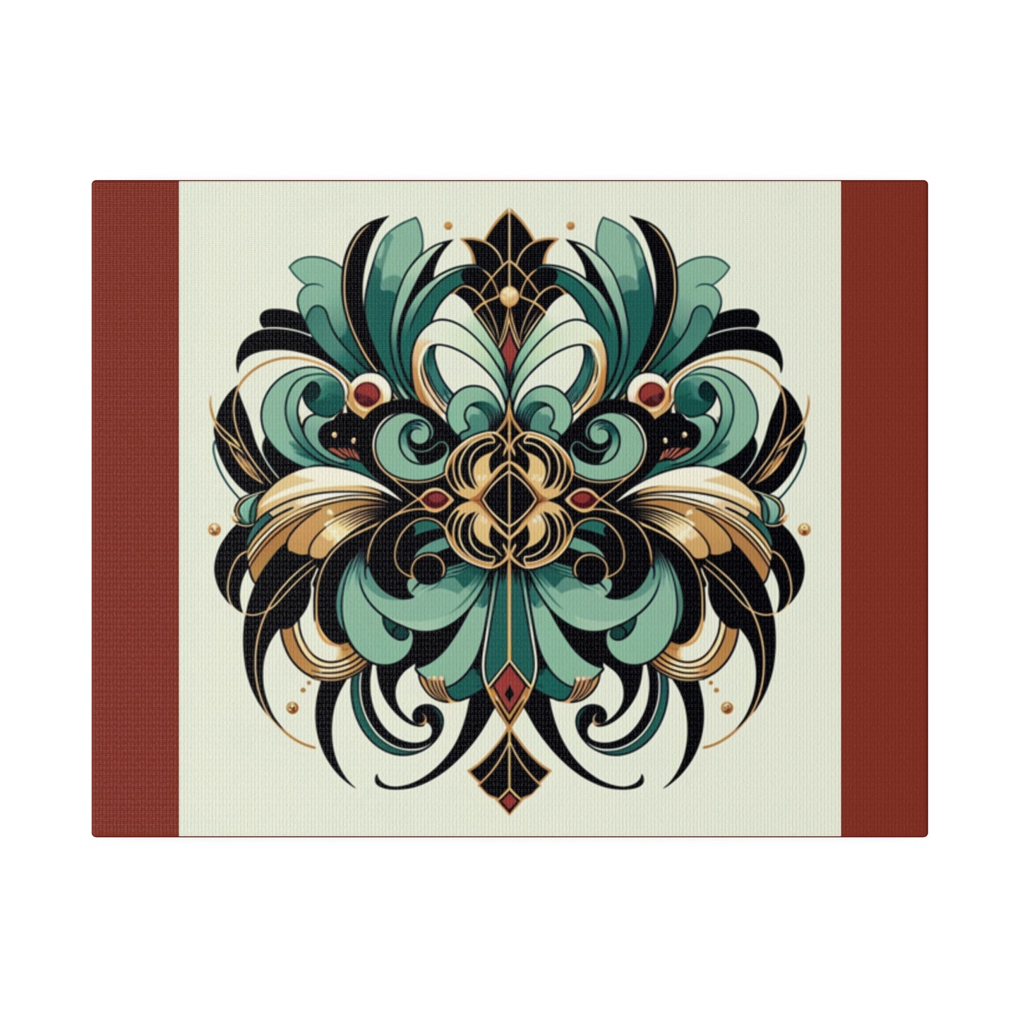 Art mural Art déco à fleurs vertes, noires et dorées sur toile tendue couleur terre d'ombre brûlée