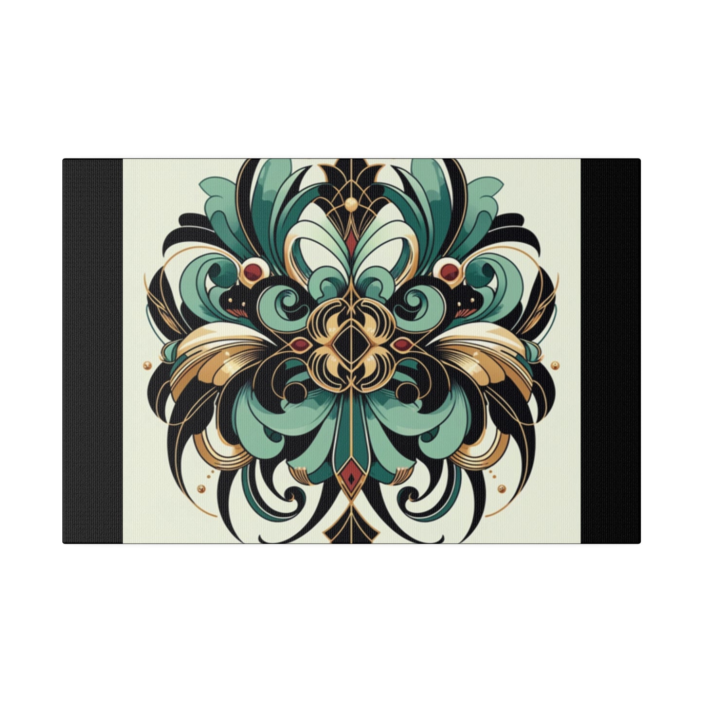 Art mural Art déco à fleurs vertes, noires et dorées sur toile tendue noire