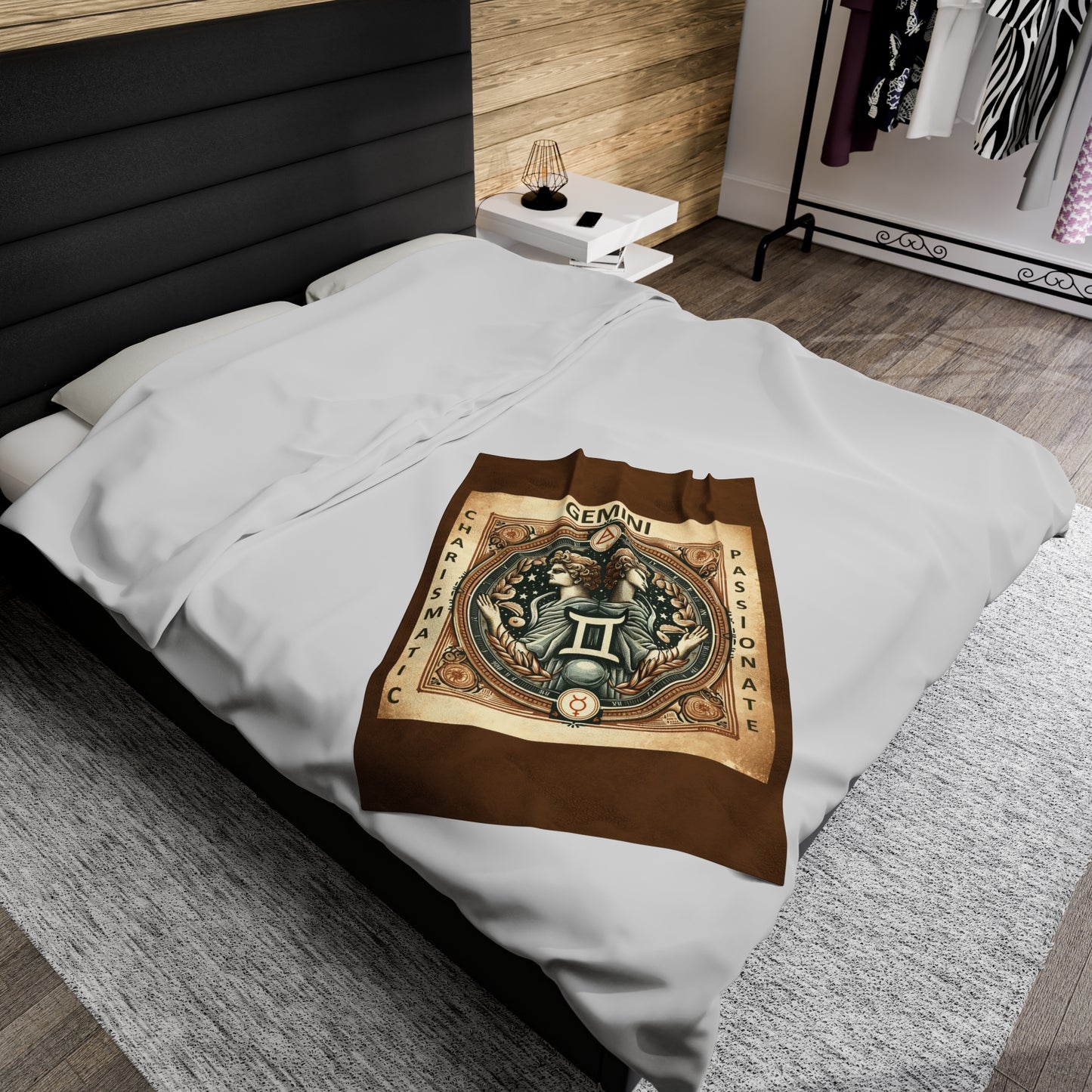 Couverture en peluche en velours marron avec motif vintage du zodiaque Gémeaux