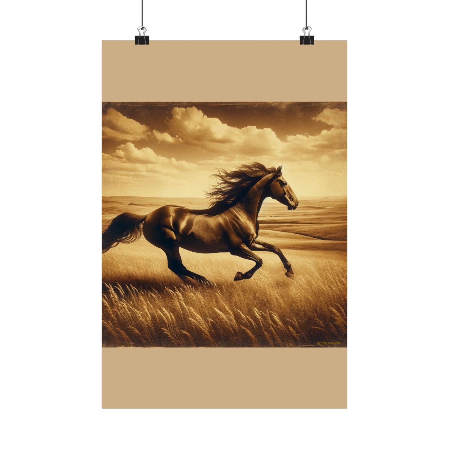 Décoration murale représentant un cheval courant pour chambre d'enfant - Affiche mate beige