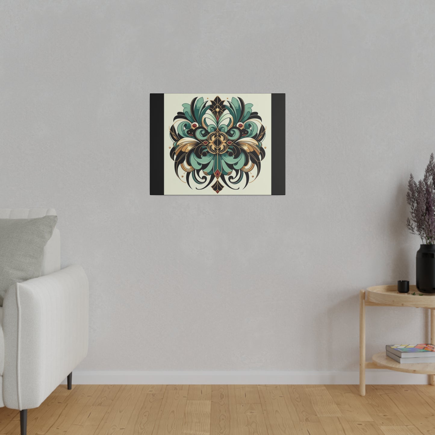 Art mural Art déco à fleurs vertes, noires et dorées sur toile tendue noire