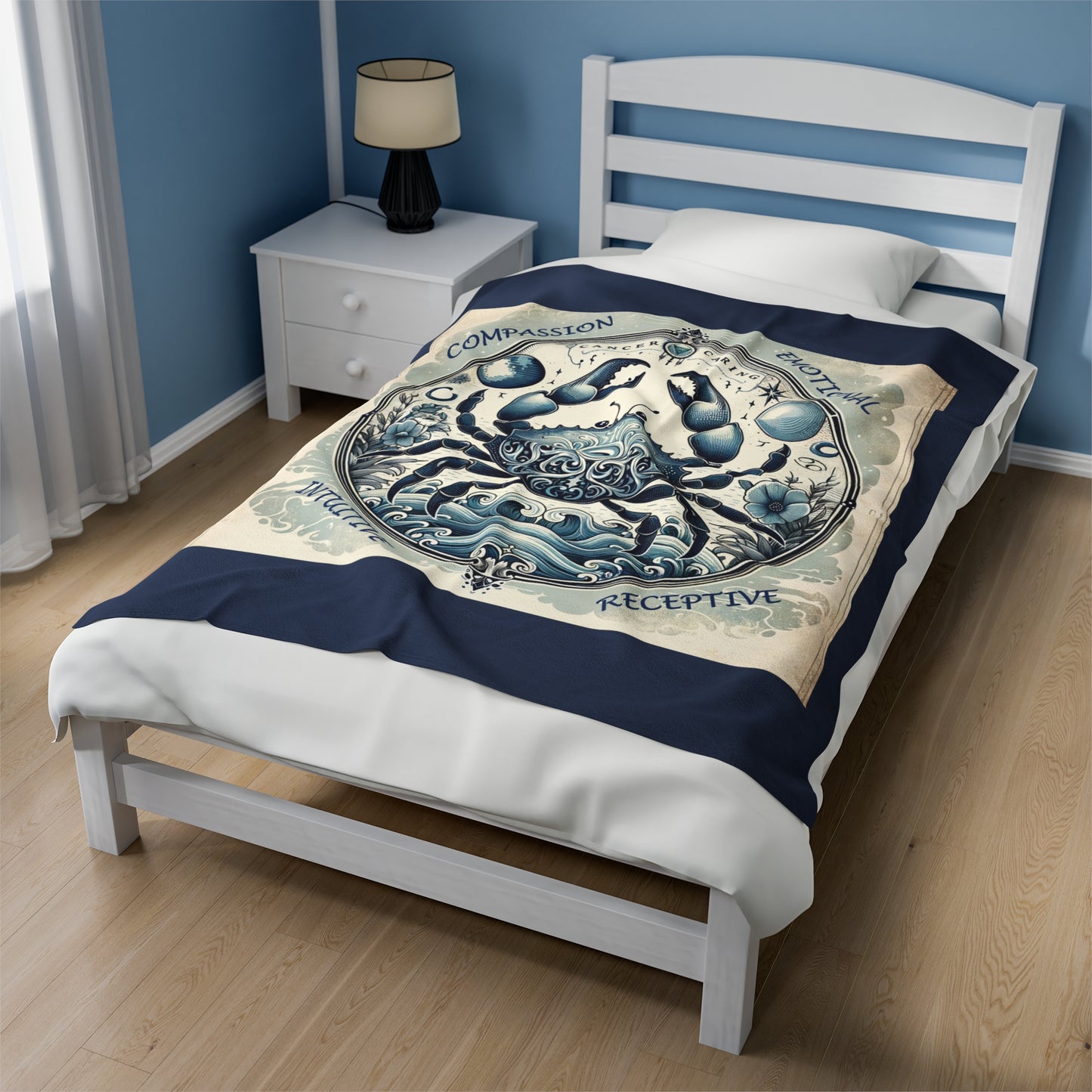 Couverture en peluche en velours bleu vintage avec signe astrologique du Cancer