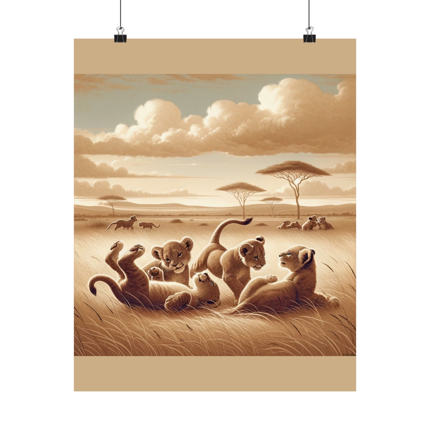 Décoration murale représentant un lionceau espiègle pour chambre d'enfant - Affiche mate beige