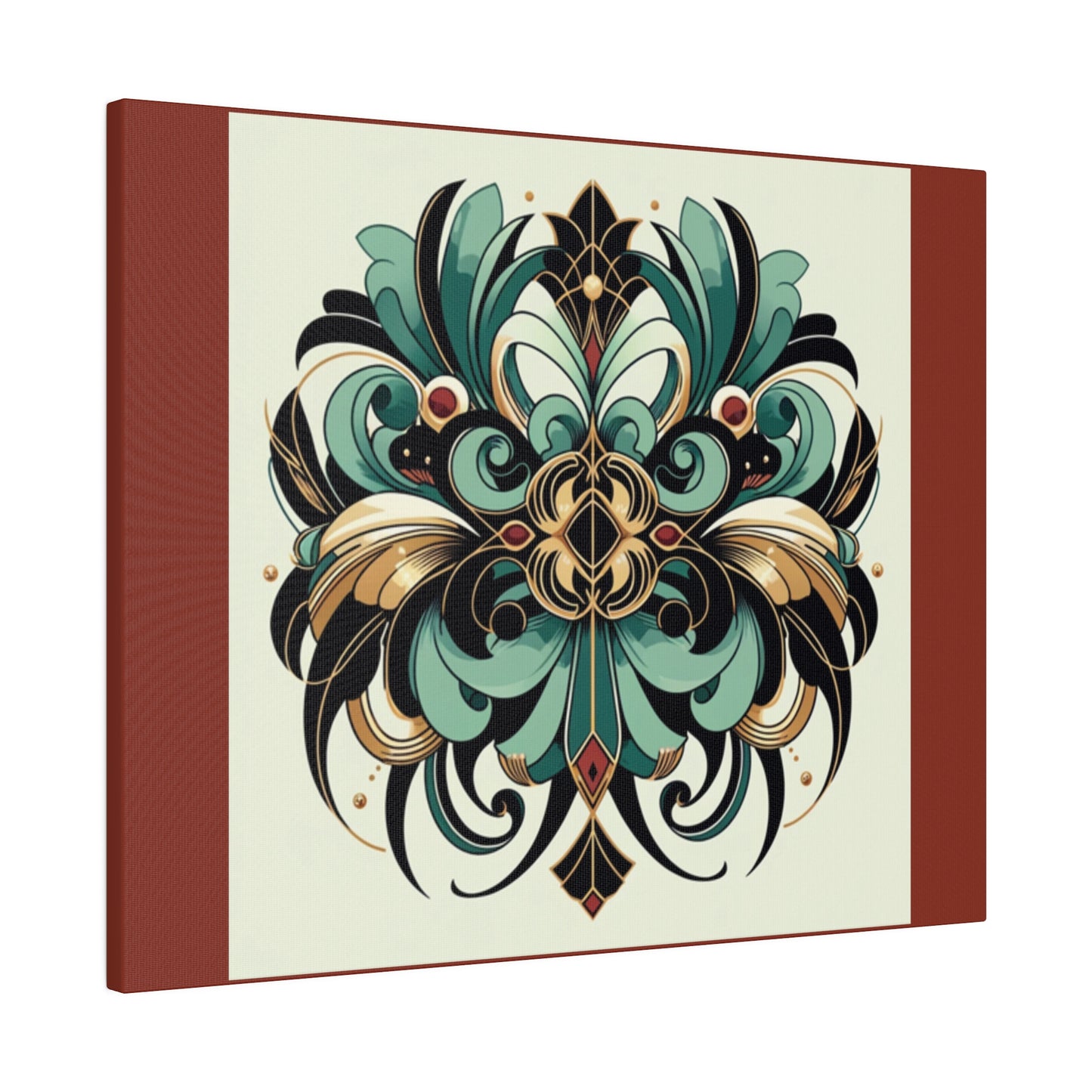 Art mural Art déco à fleurs vertes, noires et dorées sur toile tendue couleur terre d'ombre brûlée