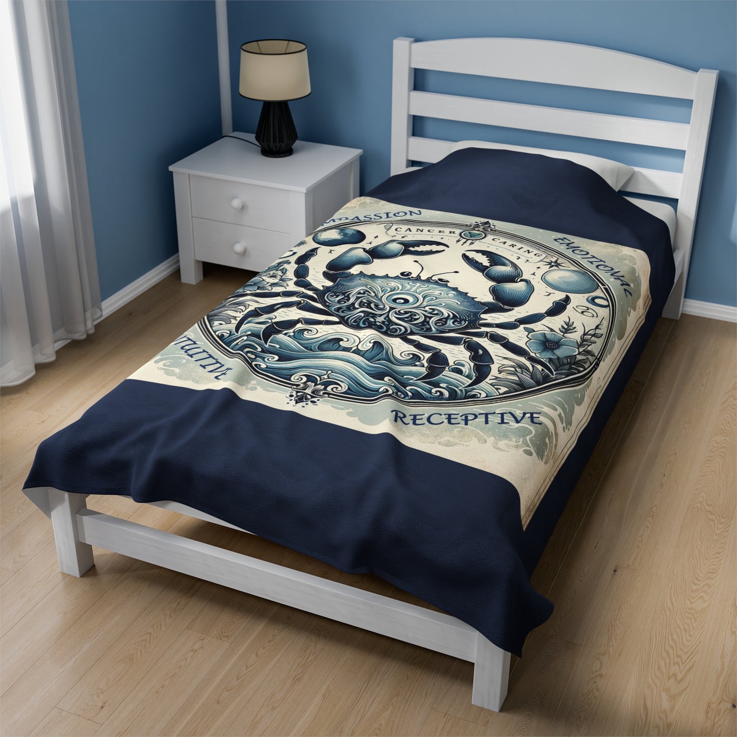Couverture en peluche en velours bleu vintage avec signe astrologique du Cancer