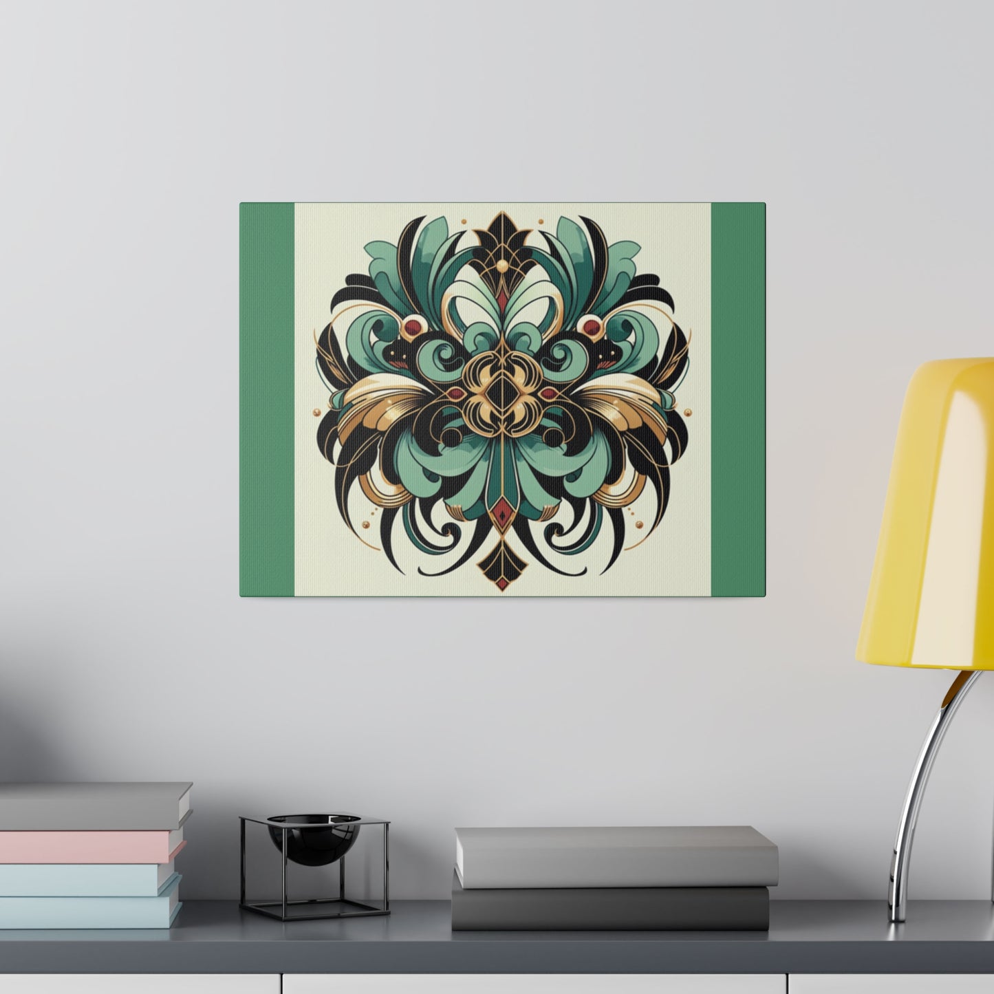 Art mural Art déco à fleurs vertes, noires et dorées sur toile tendue verte