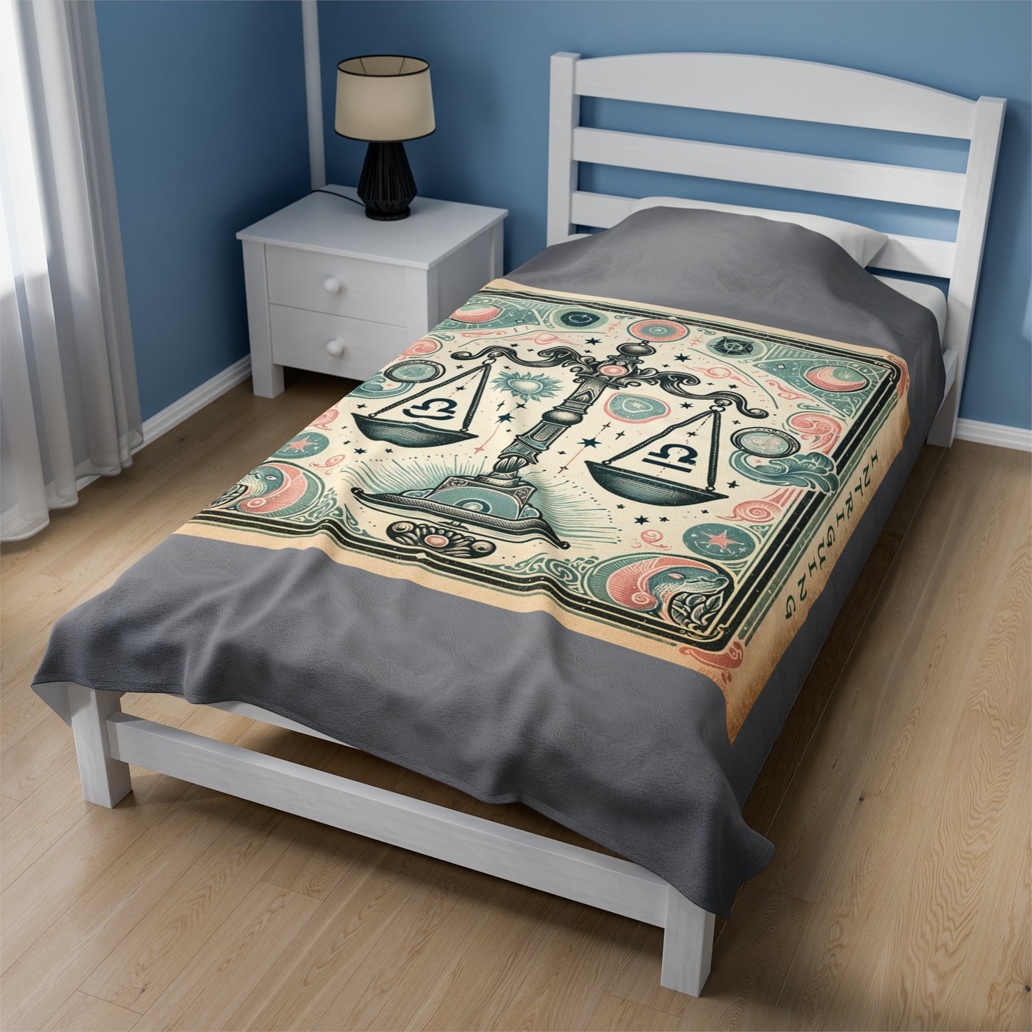 Couverture en peluche en velours gris avec motif vintage du zodiaque Balance