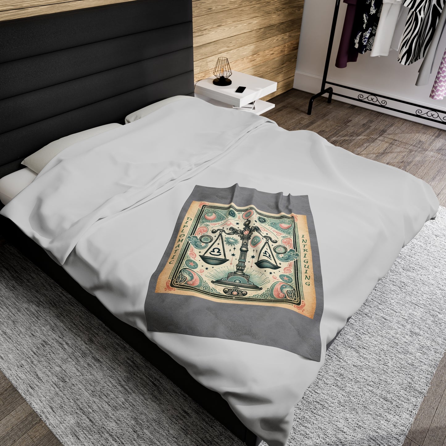Couverture en peluche en velours gris avec motif vintage du zodiaque Balance
