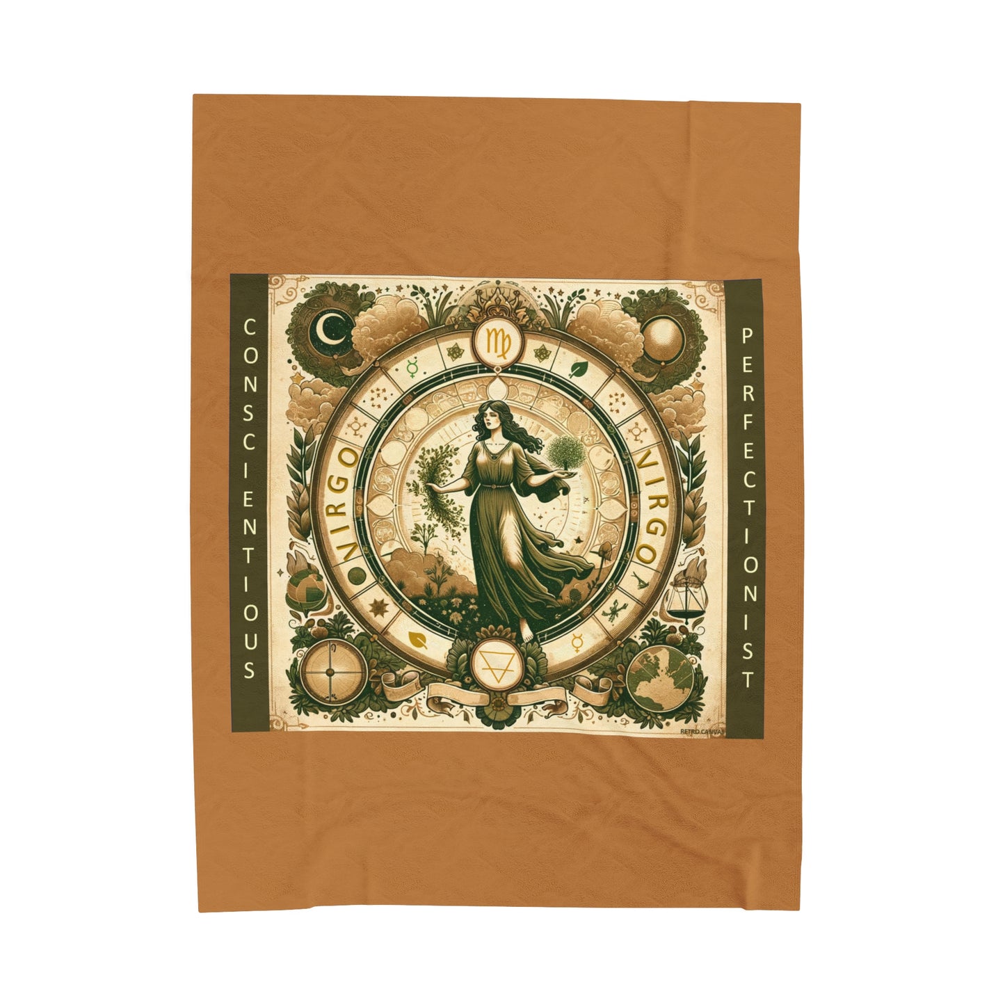 Couverture en peluche en velours marron clair avec motif vintage du zodiaque Vierge