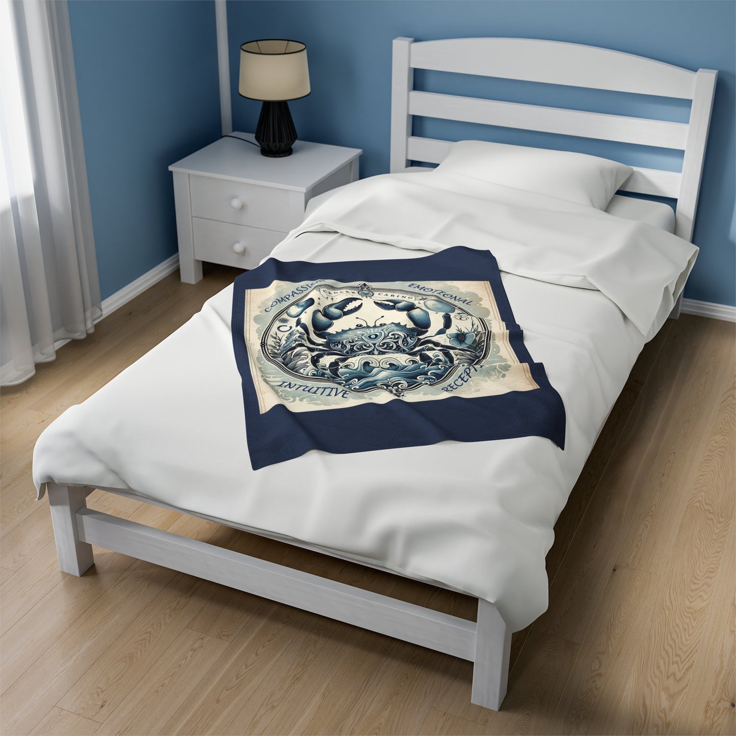 Couverture en peluche en velours bleu vintage avec signe astrologique du Cancer