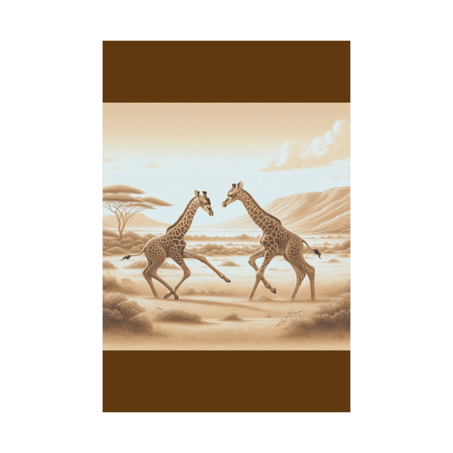 Décoration murale représentant une girafe jouant pour chambre d'enfant | Poster vertical mat marron