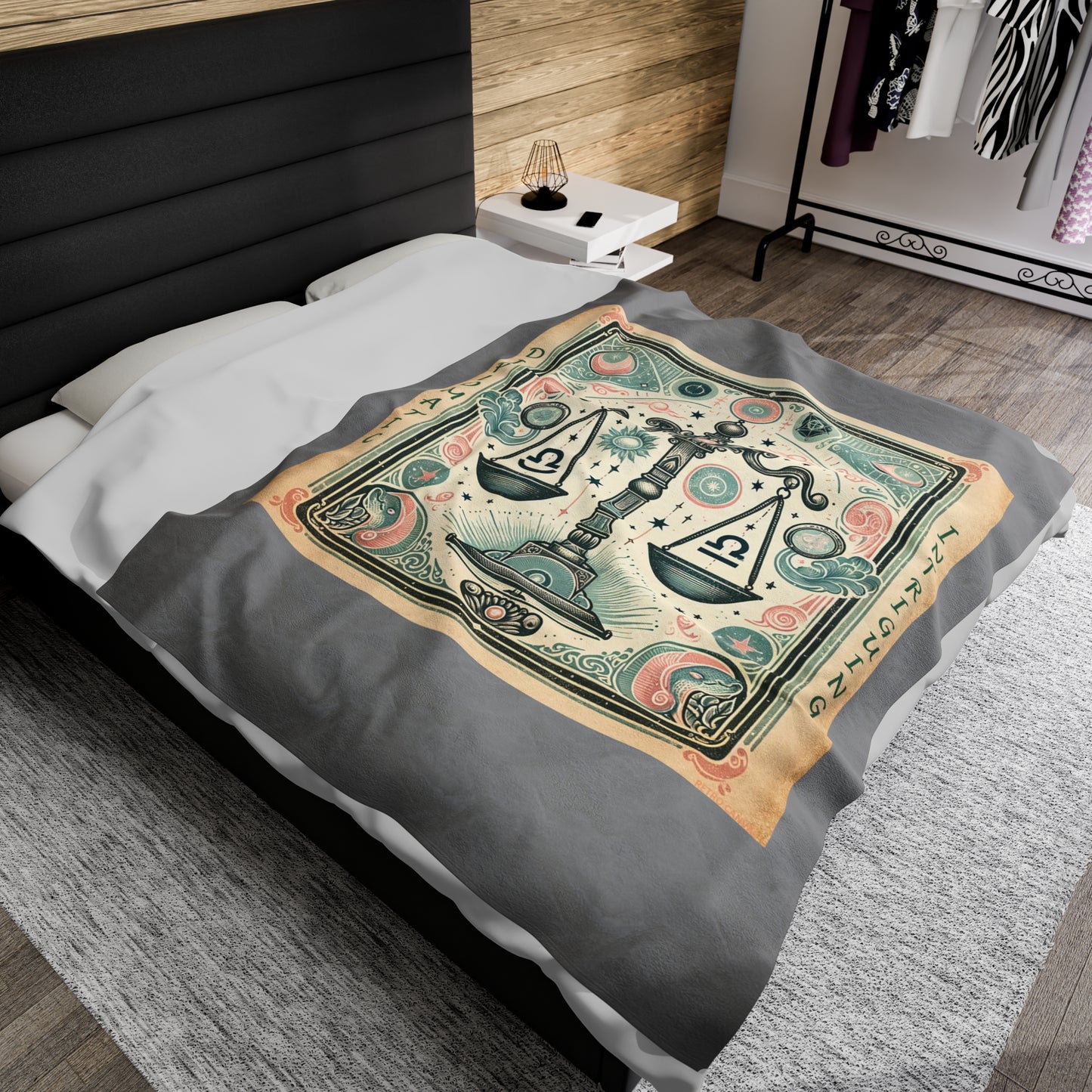 Couverture en peluche en velours gris avec motif vintage du zodiaque Balance